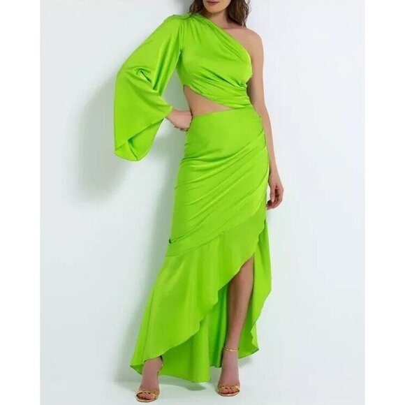 PatBO One Shoulder Draped Maxi Dress Lime Green - Picture 3 of 6